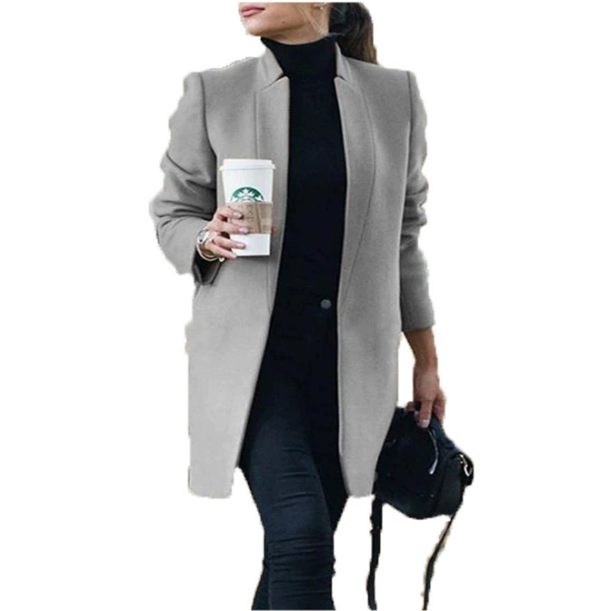 Long woolen coat (Amazon) fitted stand‑collar demi‑season, lightweight, multiple sizes