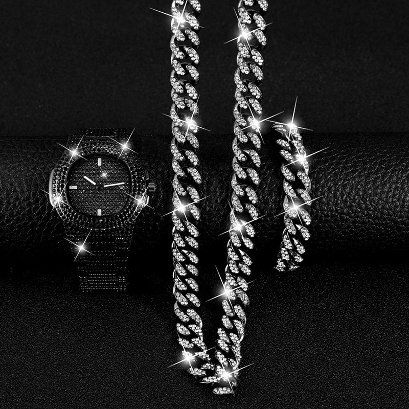Set di braccialetti per orologio da uomo Set di 3 pezzi di gioielli per orologi stile hip-hop, collana con bracciale per orologio quadrato pieno di diamanti_voghion.com