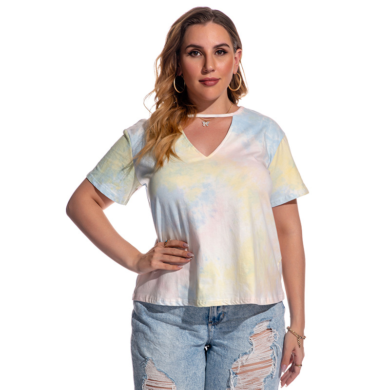 Large Size Women's T-Shirt Short Sleeve Tie Dyed Blouse