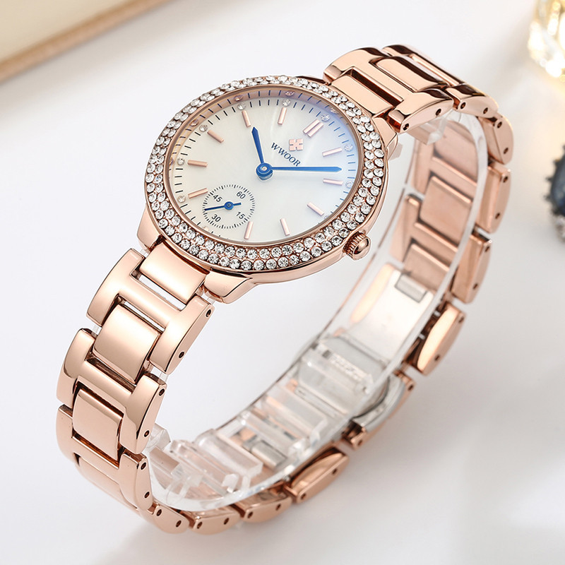 WWOOR que sostiene el amor nuevo reloj de cuarzo ocasional de las mujeres calendario impermeable rhinestone estudiante tendencia tazón reloj 8854