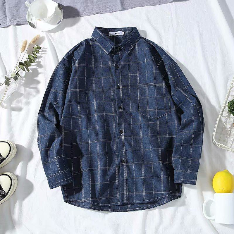 2020 camisa a cuadros de manga larga de estilo coreano de los hombres slim fit juventud moda guapo camisa pareja casual Camisa delgada