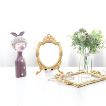 樹脂雕花卧室梳妝鏡 創意古典輕奢家用家居桌面飾品擺件化妝鏡子