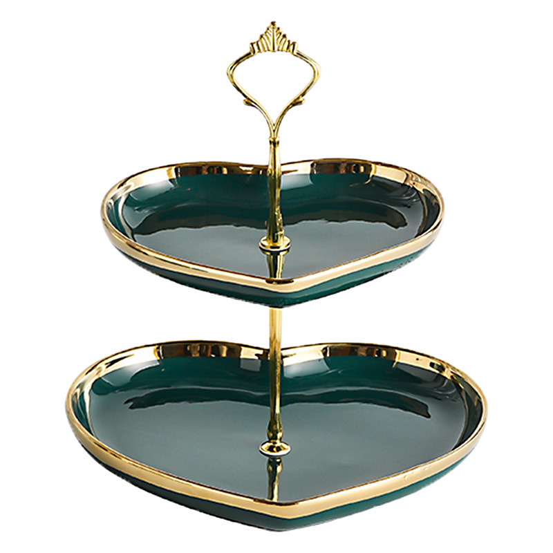 Placa de cadena de cerámica verde oscuro nórdico creativo plato de fruta de amor de doble capa merienda mesa de postre bandeja de cerámica plato de fruta seca