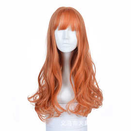 时尚动漫cos娜美橙色仿真假发齐刘海女长卷发大波浪头 套厂家直批