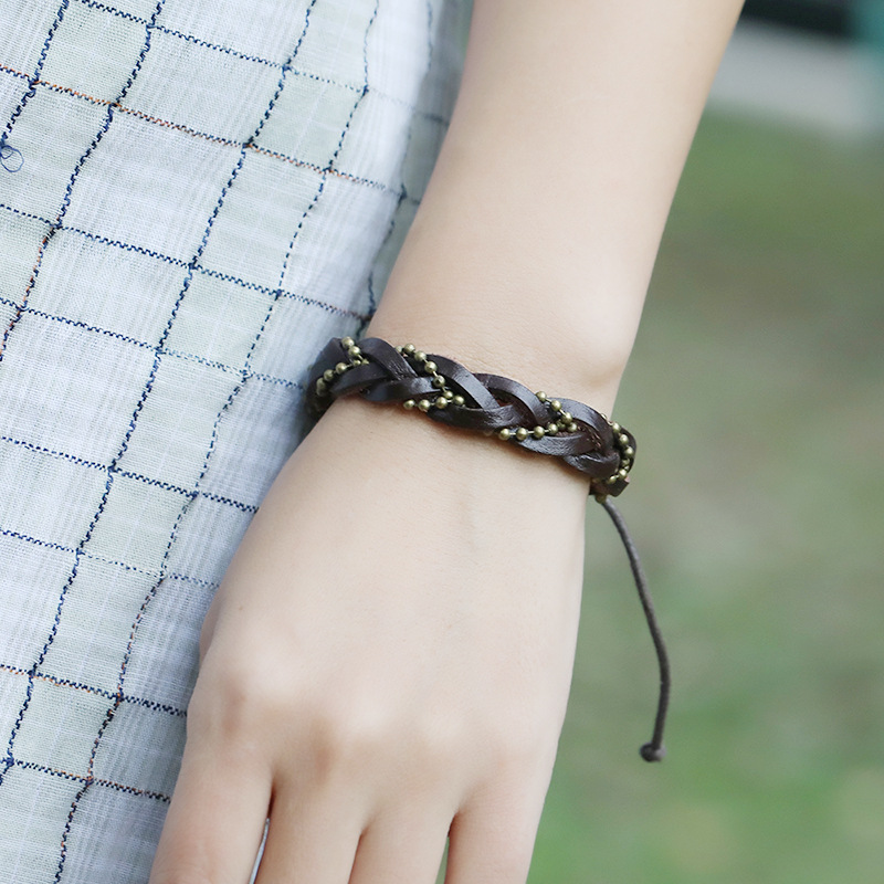 Vintage Style Personalized Woven Bead Leather Bracelet For Men_voghion.com
