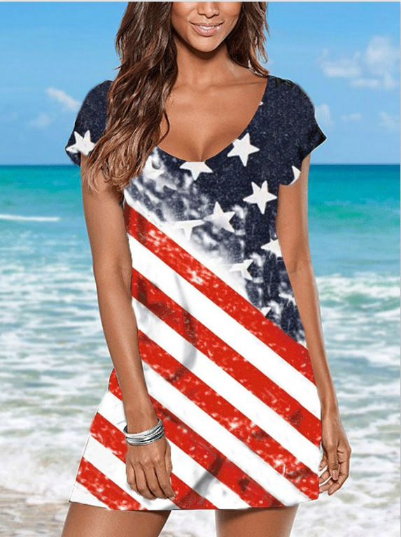 2020新款美国国旗数码印花拼色热销短袖裙子
