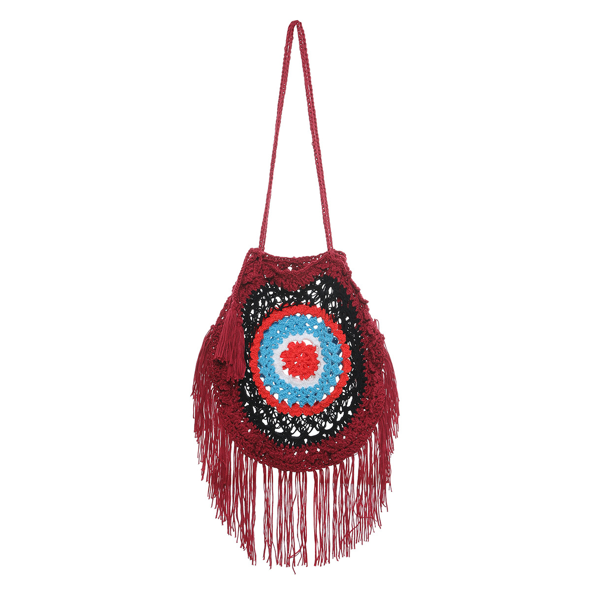 產(chǎn)地貨源跨境新款手鉤間色圓形花朵流蘇包包　沙灘包休閑袋單肩包