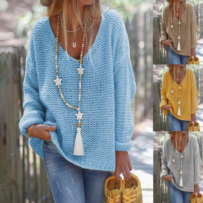 Damen-Strickpullover, V-Ausschnitt, langärmelig, Strickoberteil, Pullover_voghion.com