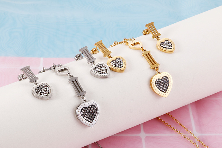 fashion heart-shaped stainless steel Roman numerals neckalce earrings set wholesale Nihaojewelry