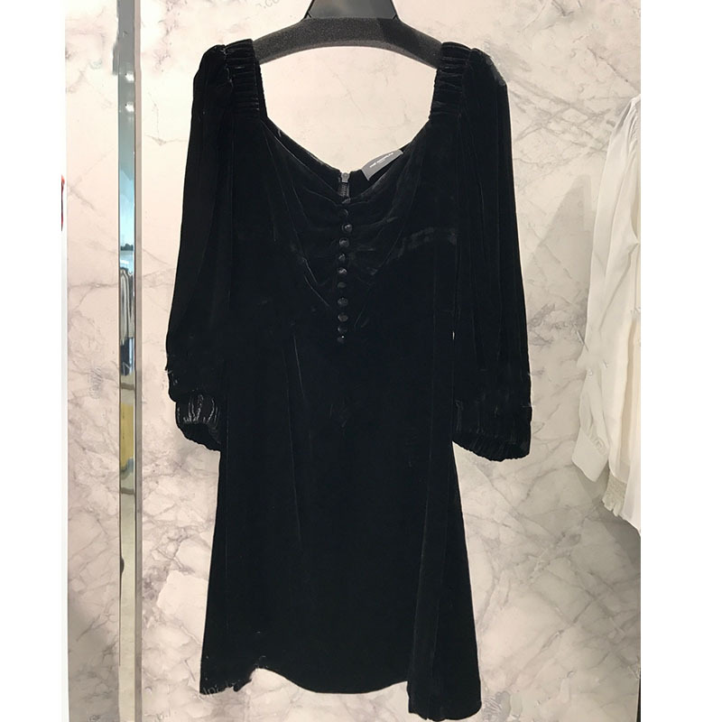 2020秋冬TK法式风优雅方领排扣金丝绒小黑裙泡泡袖收腰连衣裙现货