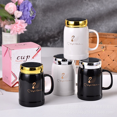 新款創意鏡面陶瓷杯帶蓋實用禮品水杯馬克杯開業活動促銷定制logo