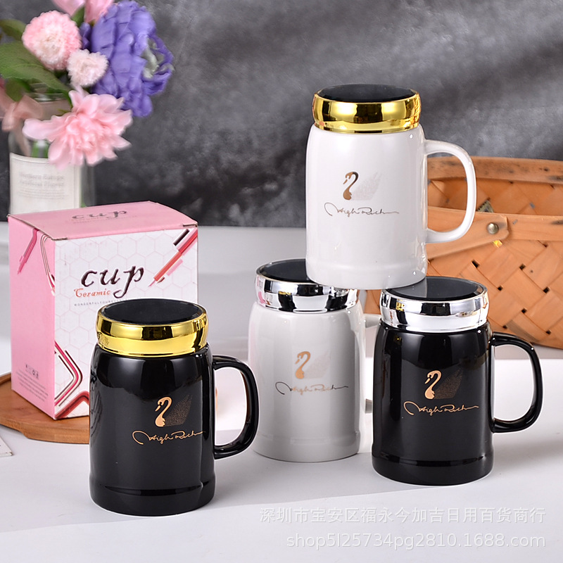 新款創意鏡面陶瓷杯帶蓋實用禮品水杯馬克杯開業活動促銷定制logo