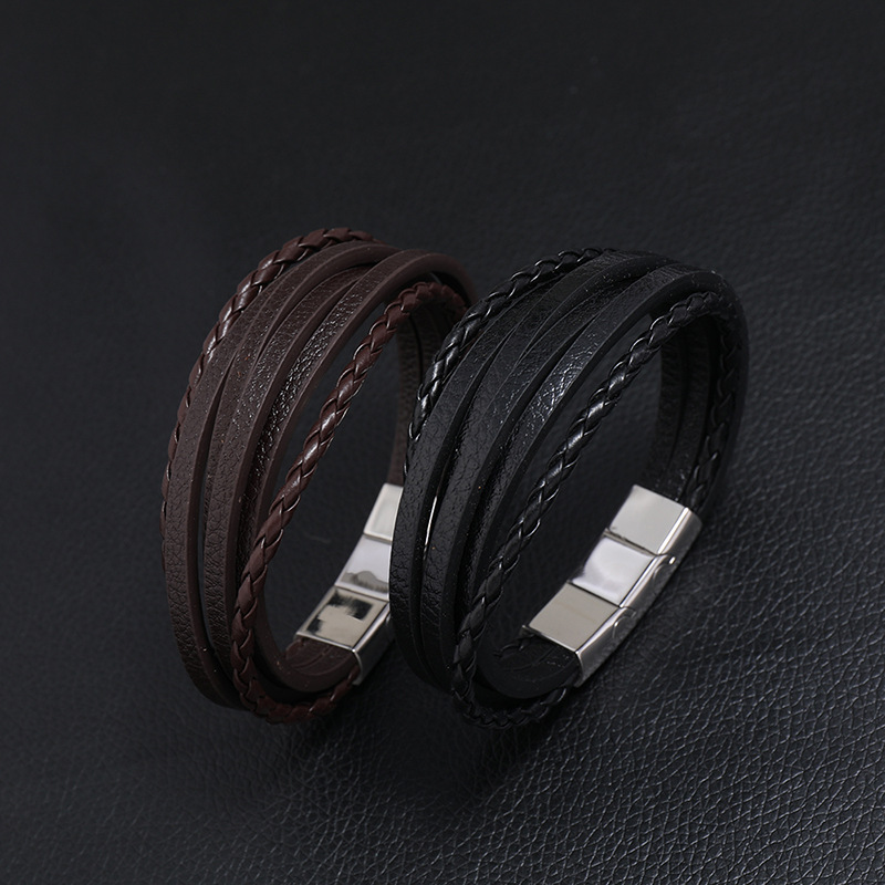 Retro Multi-layer Woven Stainless Steel Men's Leather Bracelet display picture 1