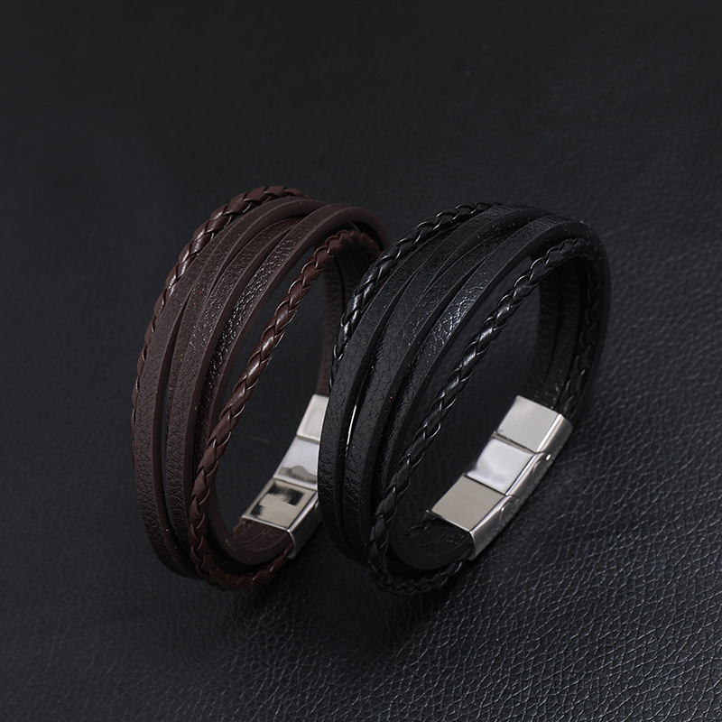 retro multi-layer woven stainless steel menu0027s leather bracelet