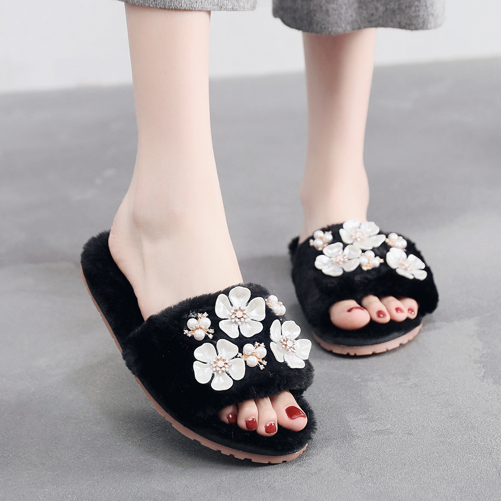 wish热卖手工简约水钻花朵居家棉拖鞋跨境外穿防滑平底毛绒拖鞋女|ru