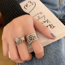 925纯银韩国小众设计别致设计纽扣子交叉手工纹理复古宽戒指