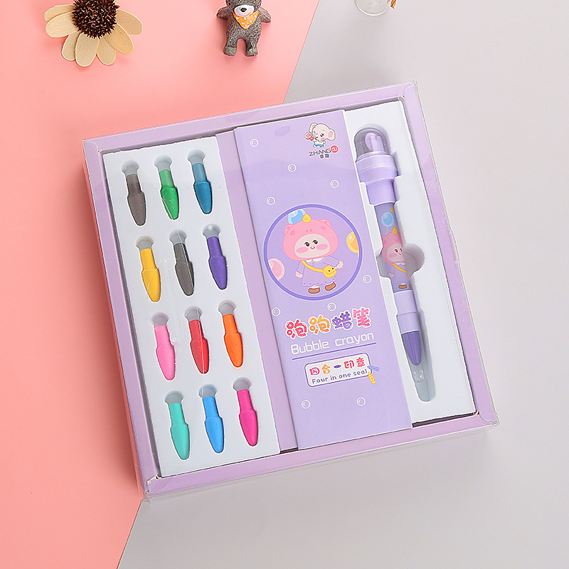 Niños lindos crayones 12-color burbuja crayones traje creativo aprendizaje rodillo sello pluma estudiante pintura traje