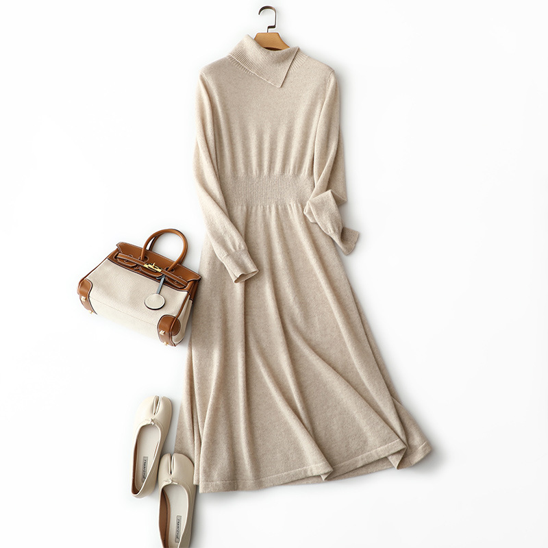 2020秋冬新款羊绒连衣裙女长款过膝纯山羊绒针织裙毛衣A字裙批发