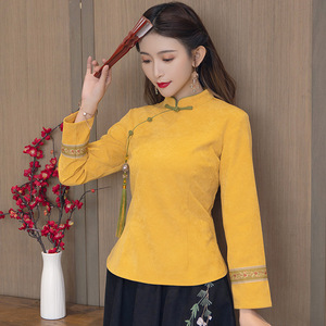 Chinese dress top retro qipao blouse for women cheongsam toplong-sleeved Chinese Tang suit retro disc button tea shirt for lady Hanfu
