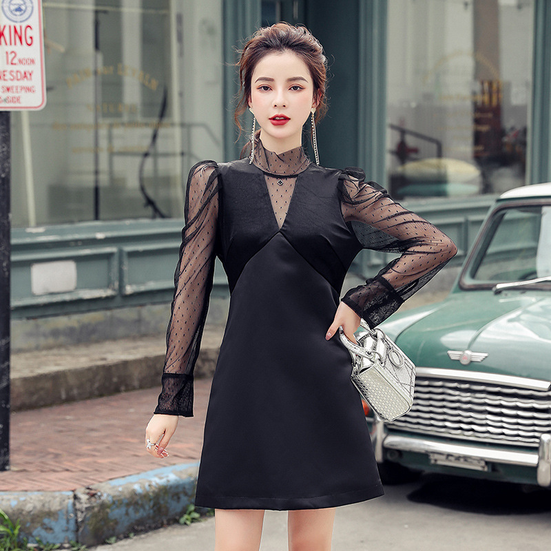 小礼服平时可穿宴会性感气质长袖拼接金丝绒连衣裙女2020新款秋季