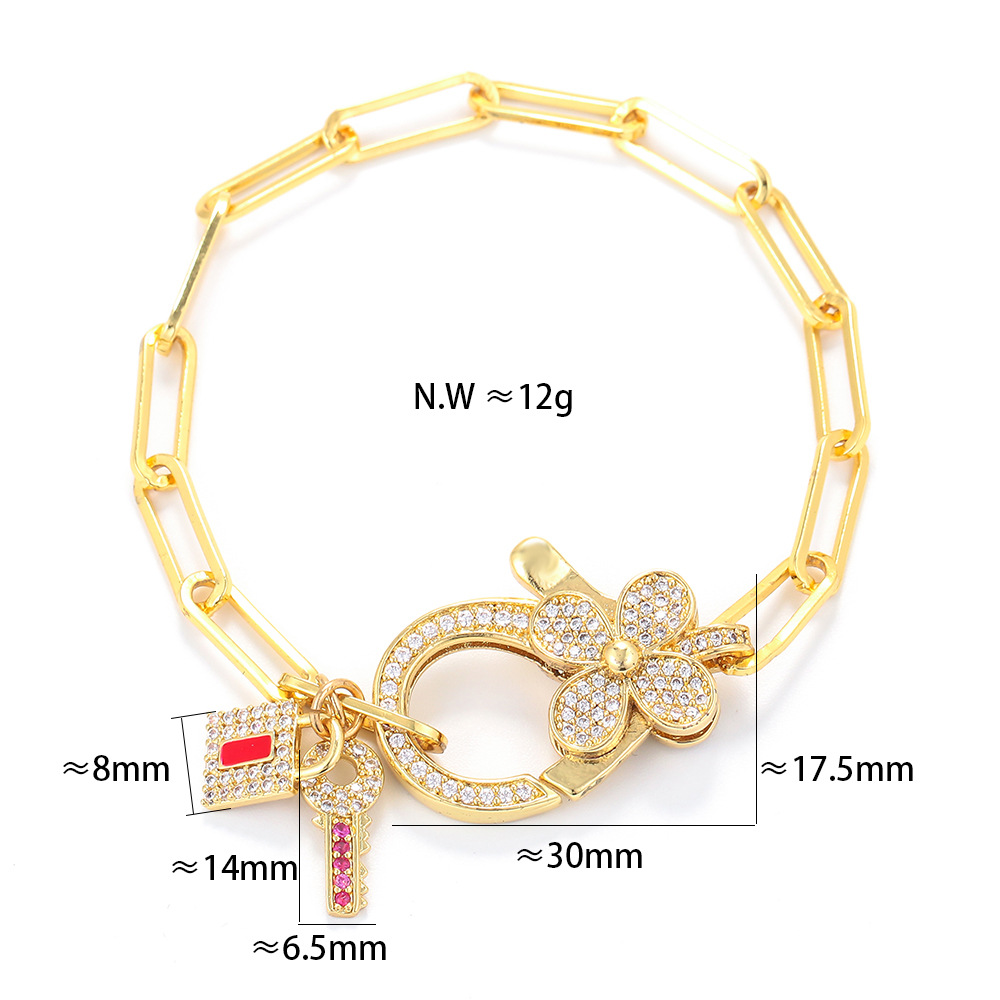 Korean Style Key Lock Four-leaf Clover Zircon Interlocking Hollow Chain Bracelet display picture 4
