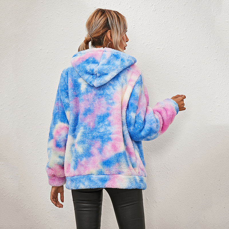 tie-dye printing long-sleeved hooded zipper velvet jacket   NSKX12294