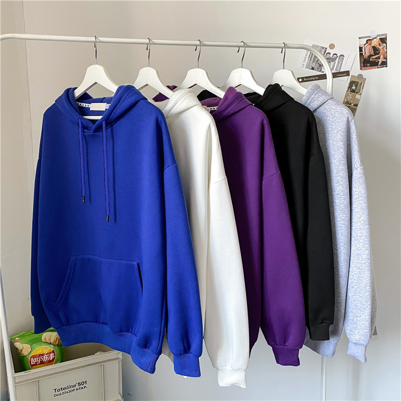 Autumn and Winter Ins-Style Hooded Solid Color Fleece Sweatshirt for Men, Trendy Student Loose-Fit Bf Pullover Casual Jacket Ins Style