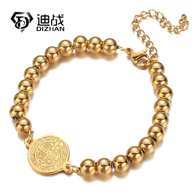 Fashion exquisite jewelry stainless steel simple vacuum plating beaded bracelet round brand coin pendant beads bracelet