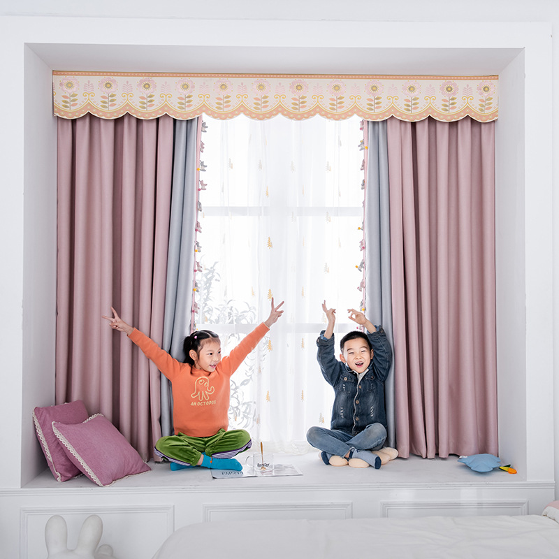小窗帘飘窗遮光撞色拼接儿童房可爱女孩卧室公主风少女短帘布料萌|ru