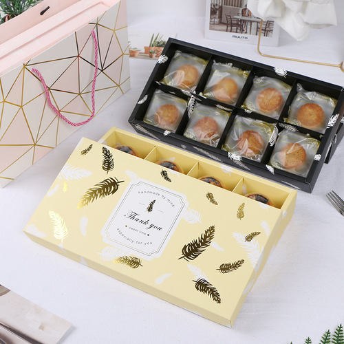 Long strip of 4/8 gilded feather Mid-Autumn snowskin mooncake packaging box gift box heaven and earth cover baked egg yolk cake box