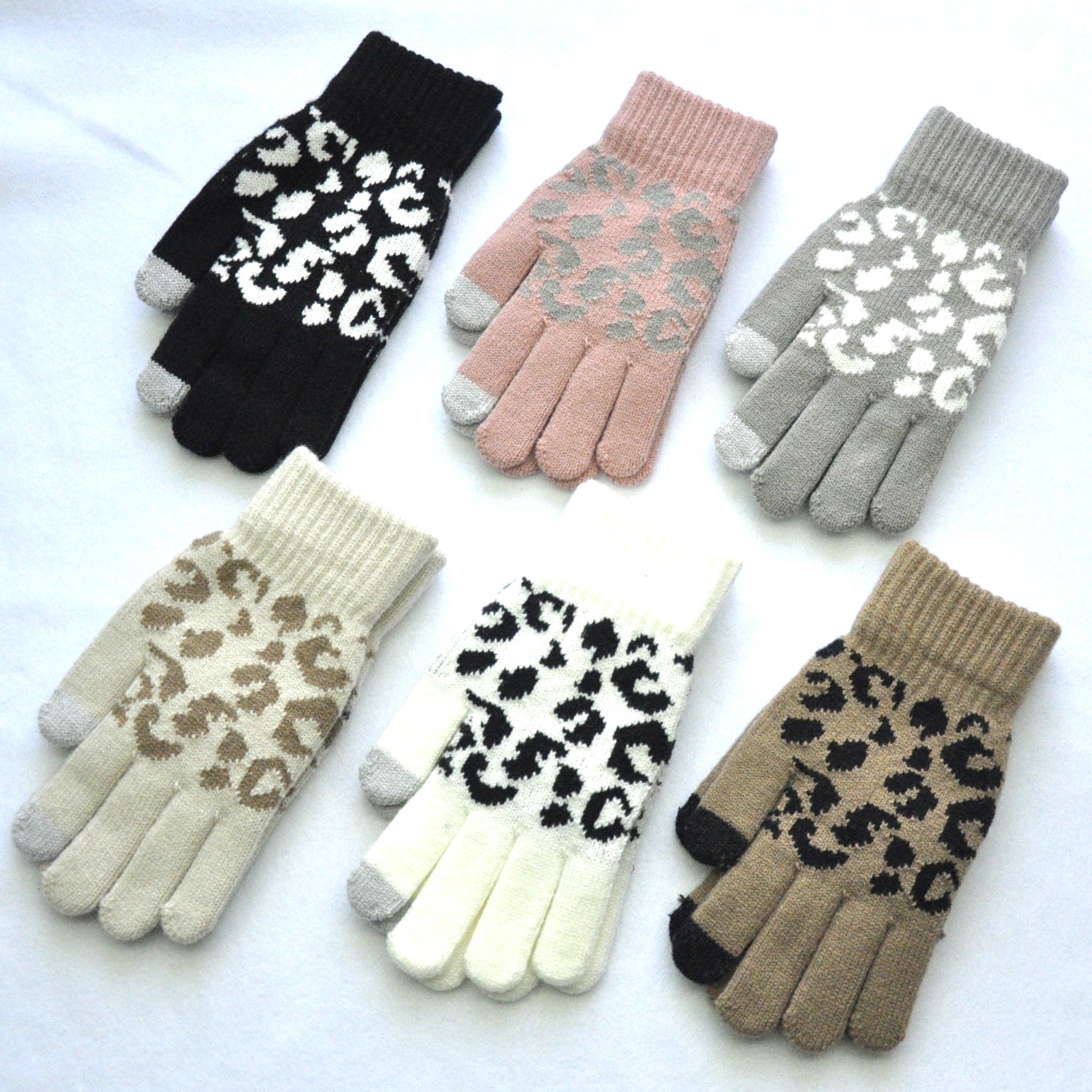 男女士冬季防寒保暖 加绒加厚 毛线手套 豹纹图案 针织手套 定制