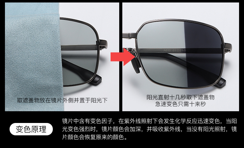 新款男士金属偏光变色折叠太阳镜 时尚墨镜方形夜视眼镜A615详情7