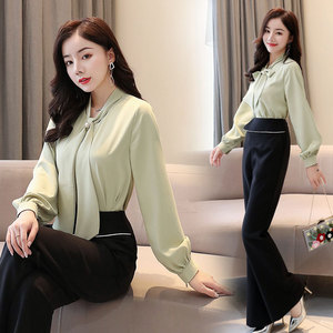 2020 spring new long sleeve slim temperament solid elegant bow collar professional ol shirt