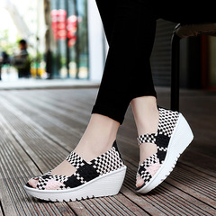 Summer sandals woven sandals women comfortable soft sole mother's shoes middle-aged elderly wedge black fish mouth old Beijing cloth shoes for women