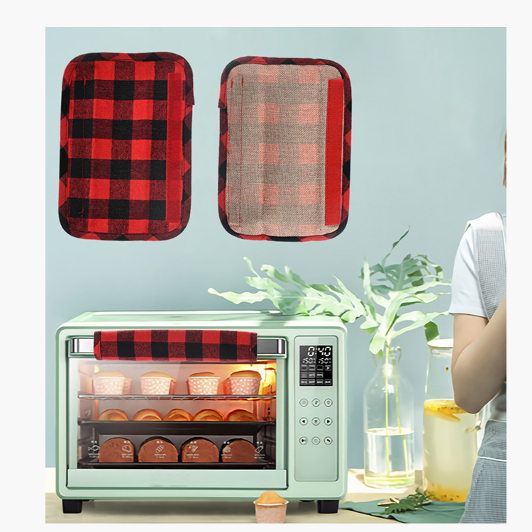 Christmas Decoration Red And Black Plaid Linen Refrigerator Cover Microwave Oven Glove Four-piece display picture 4