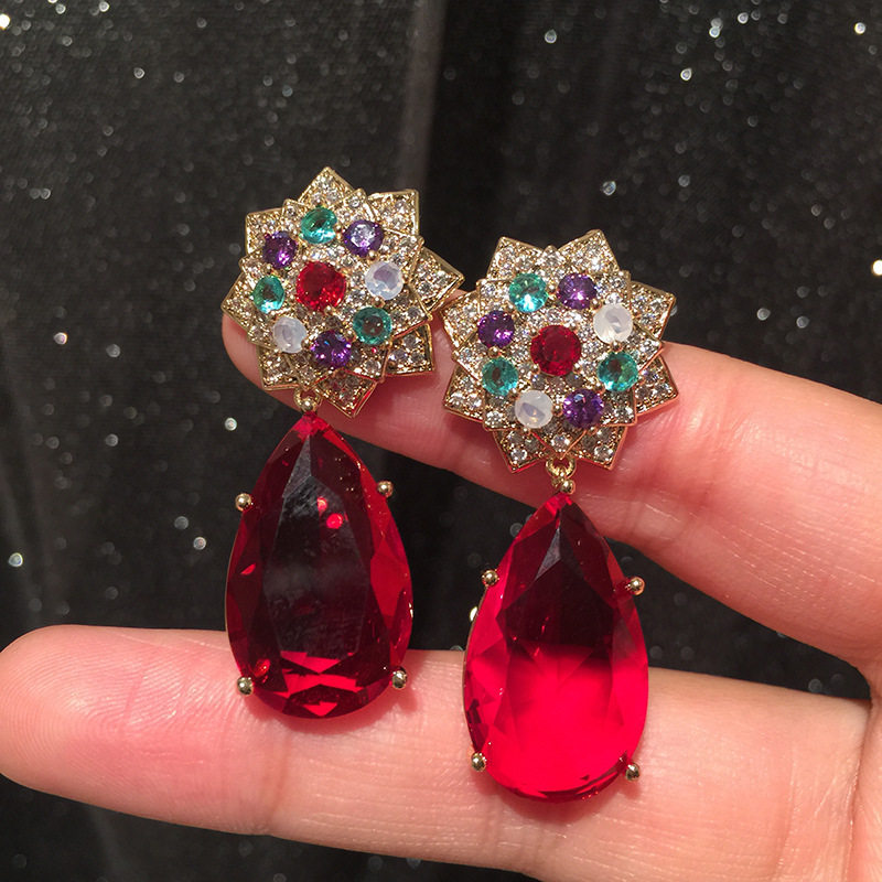 Red Water Drop Earrings Luxury Elegant S925 Silver Pin Colored Camellia Champagne Large Earrings display picture 4