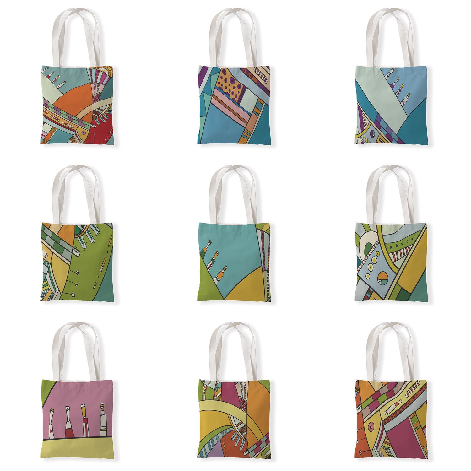 几何抽象图案印花帆布袋单肩袋休闲百搭包手拎零钱袋环保购物袋