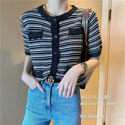 Гонконгский рис [хорошее качество, постоянные клиенты] вязаный кардиган в стиле Xiaoxiang, женский свободный темпераментный топ с коротким рукавом, свитер