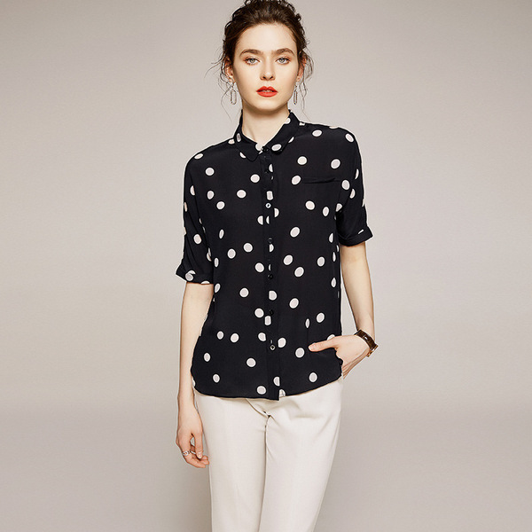 Summer women’s elegant temperament silk polka dot print Polo straight tube blouse