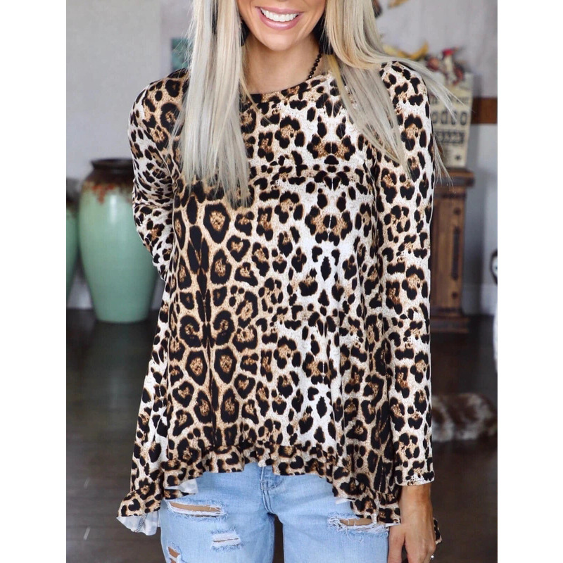 leopard print long-sleeved round neck top T-shirt NSZH18625