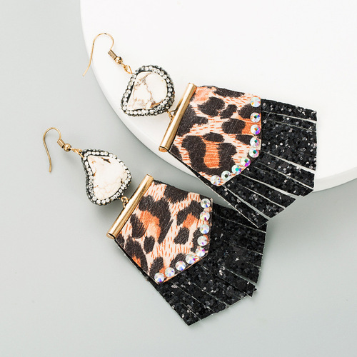 Leopard print long leather earrings Women's earrings studded with diamonds exaggerated earrings