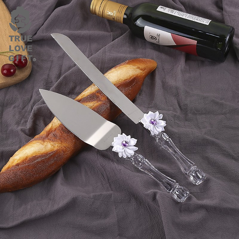 亚克力柄蛋糕刀铲不锈钢婚礼花朵手工装饰工艺品蛋糕刀叉厂家批发|ms