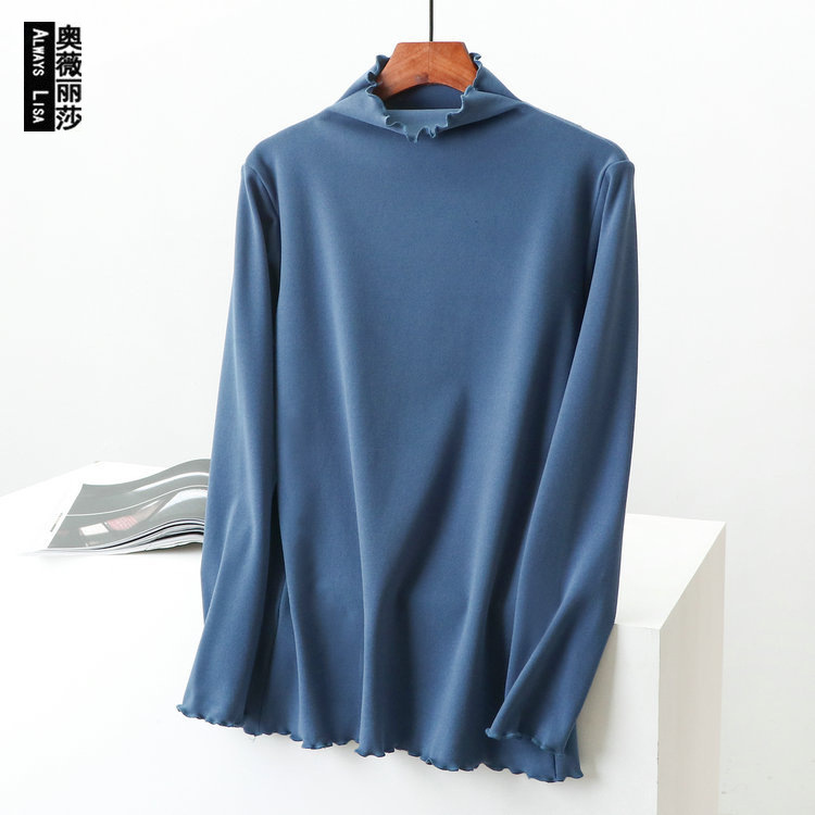 Autumn and Winter New Arrival Fungus Lace Semi-high Collar Long-sleeved Base Shirt Top Velvet Heating Warm T-shirt