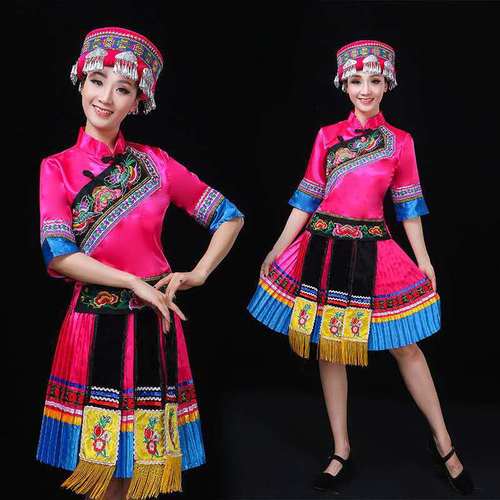 Women chinese miao hmong dance dresses red fuchsia blue Ethnic minority costumes Tu Yao Yi Zhuang costumes Miao Yun Guizhou costumes