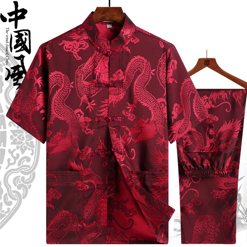 Summer Tang suit men's short-sleeved two-piece set, Chinese style thin father's shirt, Tai Chi uniform for middle-aged and elderly men.