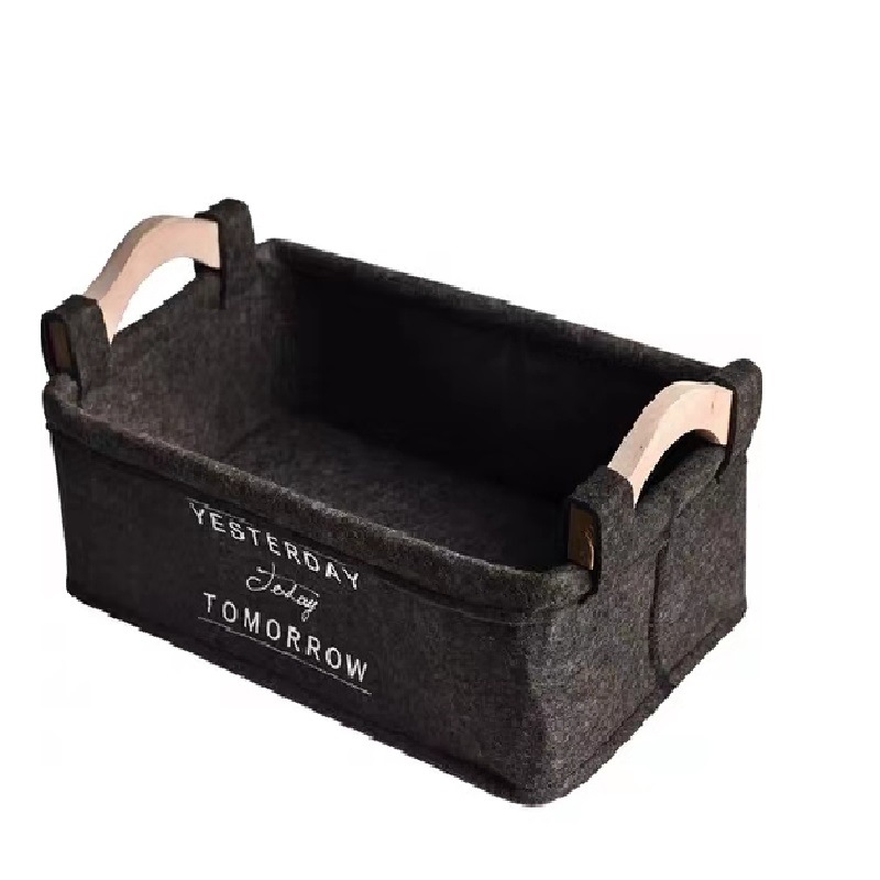 Nórdico fieltro cesta de almacenamiento mango de madera ropa misceláneas cosméticos cesta de almacenamiento de escritorio