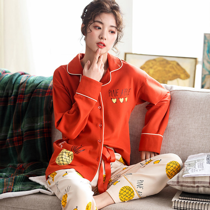Cardigan de algodón para mujer Pijamas PRIMAVERA/otoño/invierno suelto 100% algodón de dibujos animados desgaste del hogar ocio traje de dos piezas