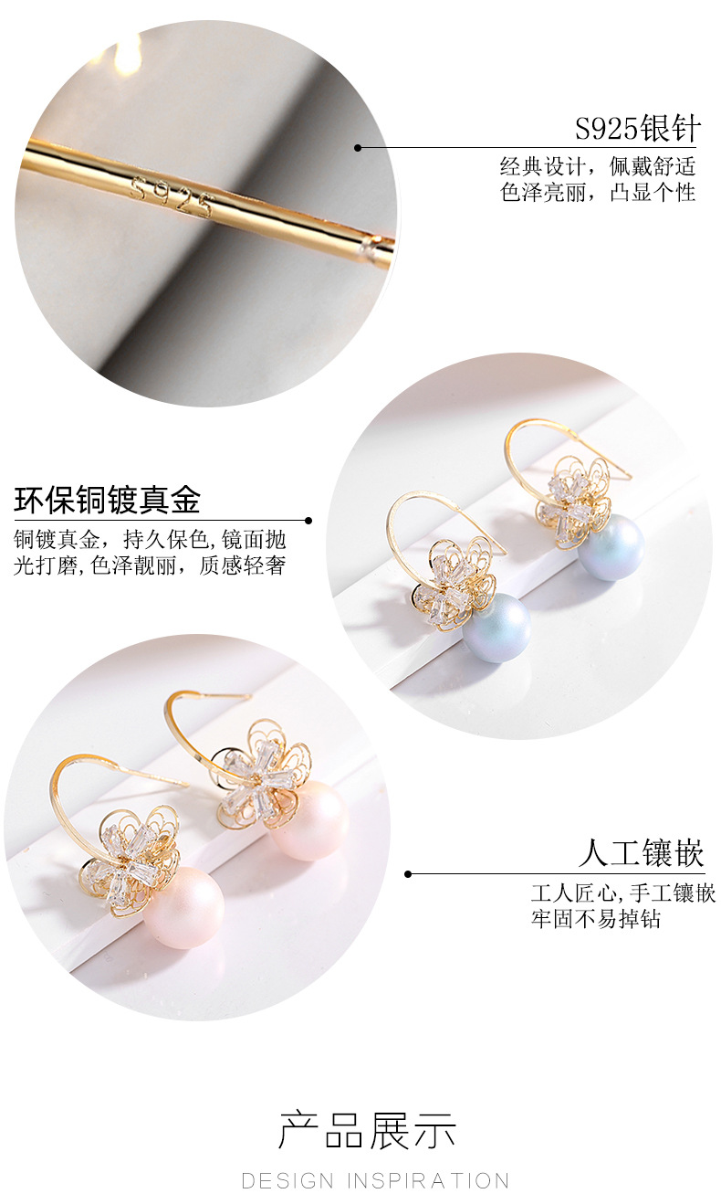 Korea Pearl Earrings 925 Silver Needle Flower Opal Earrings Zircon Earrings Wholesale Nihaojewelry display picture 15