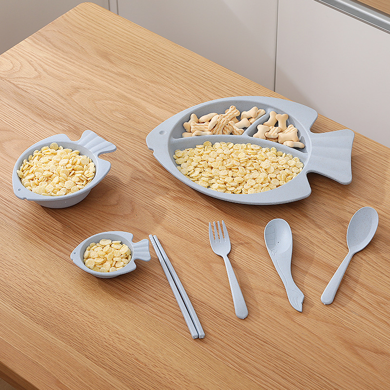 Wheat Straw Fish-shaped Tableware7-piece Set Anti-fall Cartoon Children's Compartmented Dinner Plate Bowl Spoon Fork Gift Set