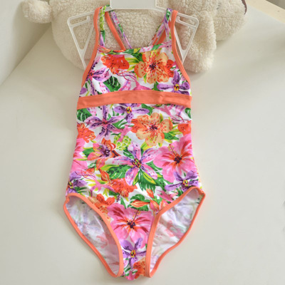 清仓杂款可爱女孩中大童连体泳装橘色吊带碎花儿童游泳衣温泉度假